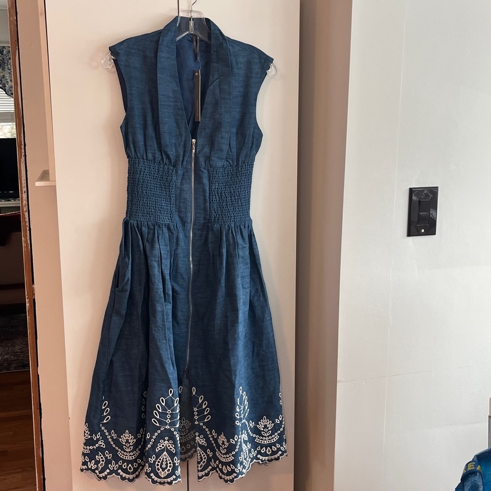 Anthropologie The Tommie Denim Chambray Zip Front Eyelet Trim Dress Blue XSP NWT - Picture 6 of 14